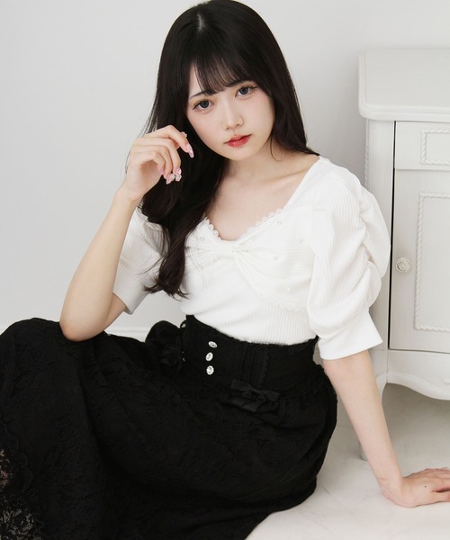 DearMyLove（ディアマイラブ）の「パールリボンリブトップス（Tシャツ/カットソー・レディース・ブラック/ホワイト/サックスブルー/ベビーピンク・MEDIUM/LARGE/LL/3L）」の8枚目の写真