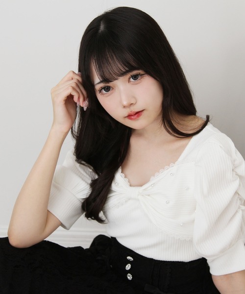 DearMyLove（ディアマイラブ）の「パールリボンリブトップス（Tシャツ/カットソー・レディース・ブラック/ホワイト/サックスブルー/ベビーピンク・MEDIUM/LARGE/LL/3L）」の9枚目の写真