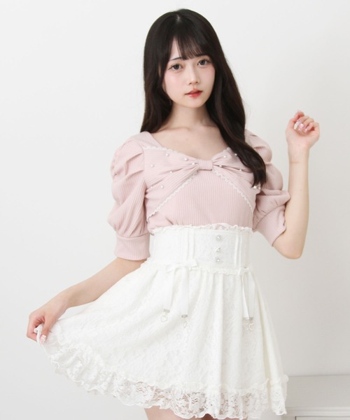 DearMyLove（ディアマイラブ）の「パールリボンリブトップス（Tシャツ/カットソー・レディース・ブラック/ホワイト/サックスブルー/ベビーピンク・MEDIUM/LARGE/LL/3L）」の10枚目の写真