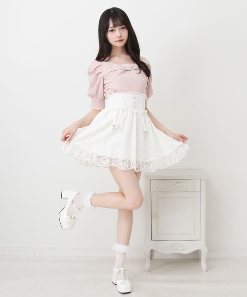 DearMyLove（ディアマイラブ）の「パールリボンリブトップス（Tシャツ/カットソー・レディース・ブラック/ホワイト/サックスブルー/ベビーピンク・MEDIUM/LARGE/LL/3L）」の11枚目の写真