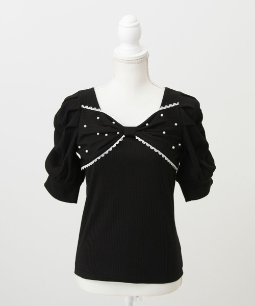DearMyLove（ディアマイラブ）の「パールリボンリブトップス（Tシャツ/カットソー・レディース・ブラック/ホワイト/サックスブルー/ベビーピンク・MEDIUM/LARGE/LL/3L）」の18枚目の写真