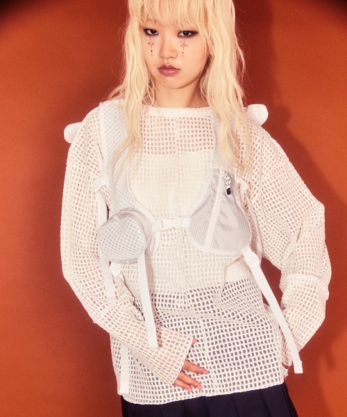 Candy Stripper（キャンディストリッパー）の「CHECKER SHEER トップス（Tシャツ/カットソー・レディース・オフホワイト/ブラック・FREE）」の2枚目の写真