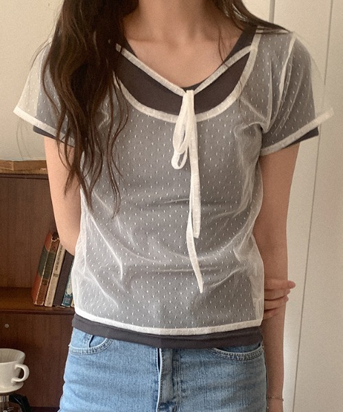 LAC-VERT(ラック・ヴェール)の「シアードットトップス(Tシャツ/カットソー・レディース・ホワイト/ブラウン/ブラック・FREE)」の2枚目の写真