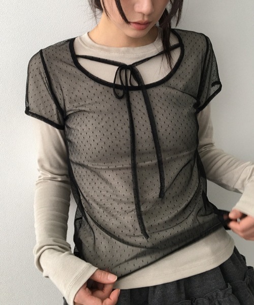 LAC-VERT(ラック・ヴェール)の「シアードットトップス(Tシャツ/カットソー・レディース・ホワイト/ブラウン/ブラック・FREE)」の1枚目の写真