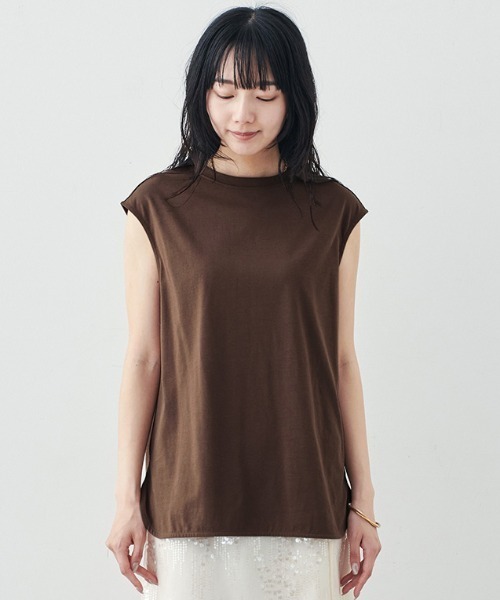 MEDE19F（メデジュウキュウ）の「ＢＲＡＮＤ　ＮＥＷ　ＭＩＸ　ＳＴＹＬＥ　接触冷感のラウンドヘムフレンチスリーブＴシャツ（Tシャツ/カットソー・レディース・ライトブルー/アイボリー/ブラウン・3L/LL/M/S/L）」の2枚目の写真