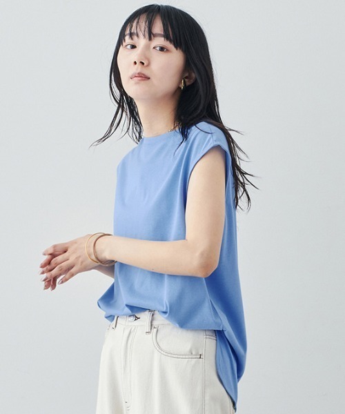 MEDE19F（メデジュウキュウ）の「ＢＲＡＮＤ　ＮＥＷ　ＭＩＸ　ＳＴＹＬＥ　接触冷感のラウンドヘムフレンチスリーブＴシャツ（Tシャツ/カットソー・レディース・ライトブルー/アイボリー/ブラウン・3L/LL/M/S/L）」の3枚目の写真