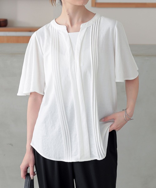 n'OrLABEL(ノアールレーベル)の「【接触冷感】カノコブラウス見えカットソー(Tシャツ/カットソー・レディース・オフホワイト/ブルー/ネイビー・1/2)」の1枚目の写真
