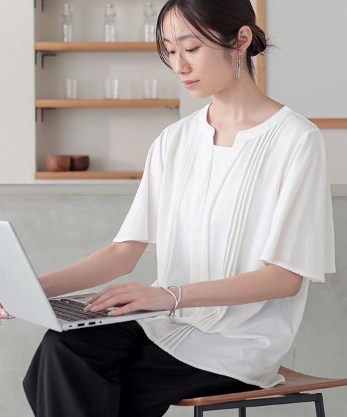 n'OrLABEL(ノアールレーベル)の「【接触冷感】カノコブラウス見えカットソー(Tシャツ/カットソー・レディース・オフホワイト/ブルー/ネイビー・1/2)」の8枚目の写真