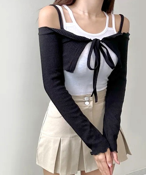 REMUR(レミュール)の「オフショルカーディガン ショート丈(カーディガン/ボレロ・レディース・ブルーグレー/ブラック/ピンク/ホワイト・FREE)」の11枚目の写真