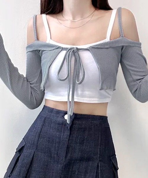 REMUR(レミュール)の「オフショルカーディガン ショート丈(カーディガン/ボレロ・レディース・ブルーグレー/ブラック/ピンク/ホワイト・FREE)」の16枚目の写真