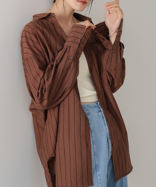 Bab（バブ）の「シアーストライプシャツ（シャツ/ブラウス・レディース・ブラウン/ライトピンク/アイボリー・M）」の7枚目の写真