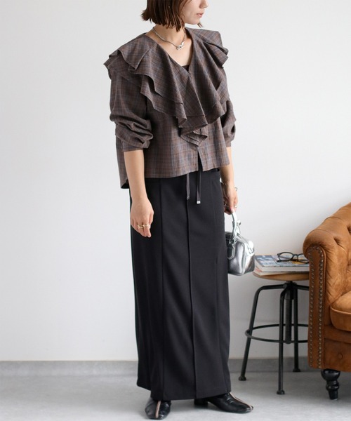 cepo（セポ）の「〈セットアップ対応〉イージーケア ジョーゼットナロースカート（スカート・レディース・ブラウン/ブラック/レッド・M）」の21枚目の写真