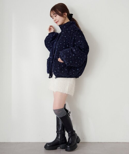 WEB先行/袖取り外し可/無地&花柄】コーデュロイ中綿ミドルジャケット