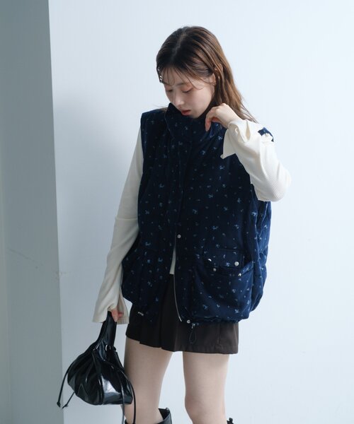 袖取り外し可/無地&花柄】コーデュロイ中綿ミドルジャケット（ダウン