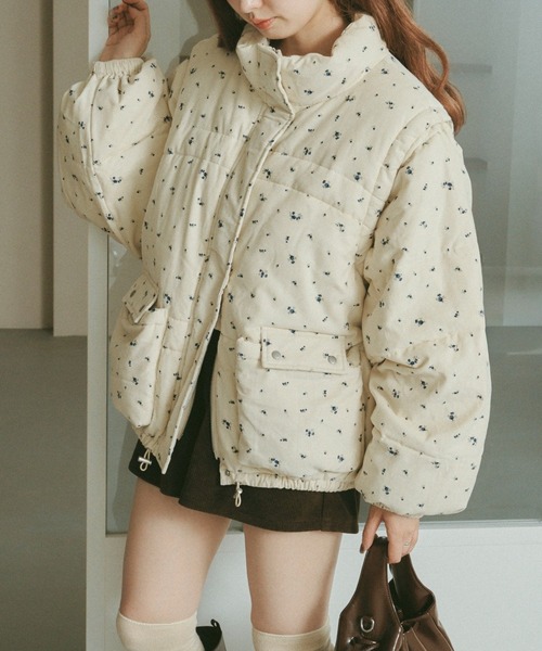WEB先行/袖取り外し可/無地&花柄】コーデュロイ中綿ミドルジャケット