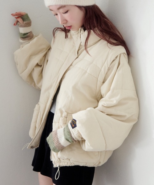 Kastane（カスタネ）の「【袖取り外し可/無地&花柄】コーデュロイ中綿ミドルジャケット（ダウンジャケット/コート・レディース・ネイビー/アイボリー/ホワイト系その他・FREE）」の2枚目の写真
