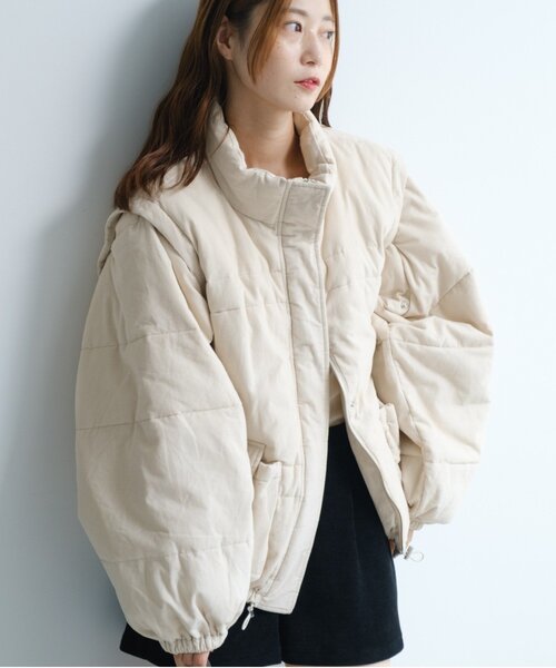 WEB先行/袖取り外し可/無地&花柄】コーデュロイ中綿ミドルジャケット