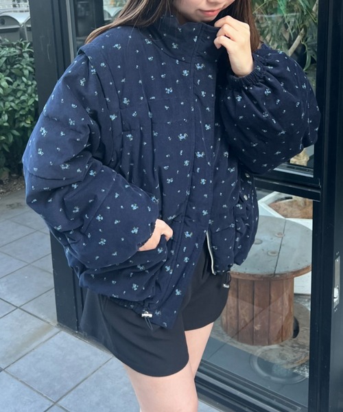 セール】【袖取り外し可/無地&花柄】コーデュロイ中綿ミドルジャケット