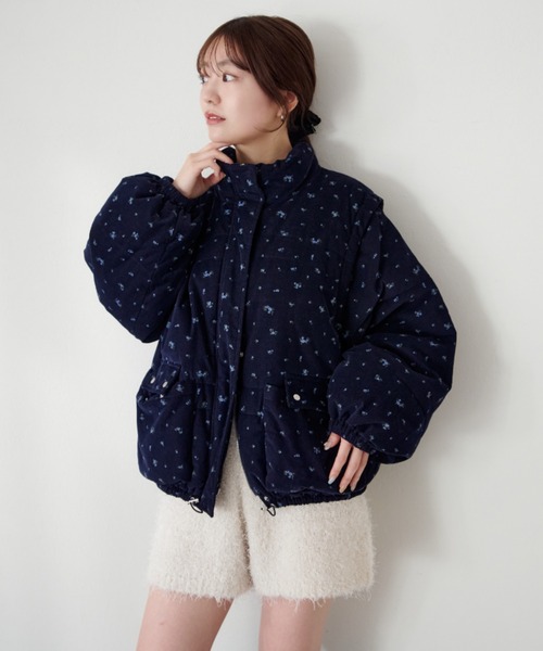 セール】【袖取り外し可/無地&花柄】コーデュロイ中綿ミドルジャケット