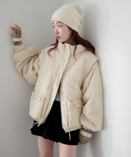 セール】【袖取り外し可/無地&花柄】コーデュロイ中綿ミドルジャケット