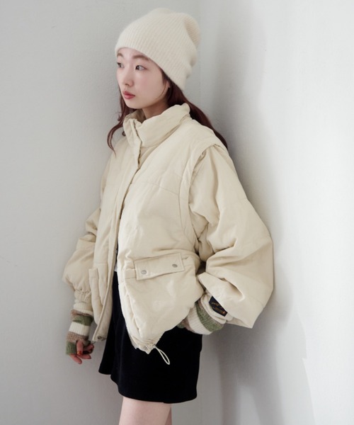 セール】【袖取り外し可/無地&花柄】コーデュロイ中綿ミドルジャケット