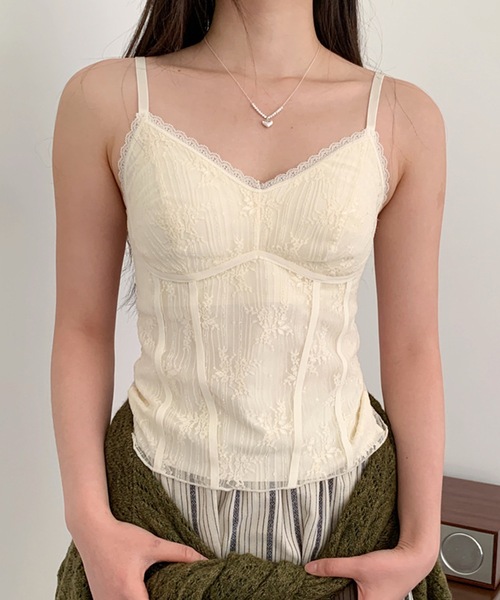 Lace Ladies(レースレディース)の「ロマンチック レース コンパクト カップ付き キャミソール(キャミソール・レディース・グレイッシュベージュ/アイボリー/ブラック・L/M)」の2枚目の写真