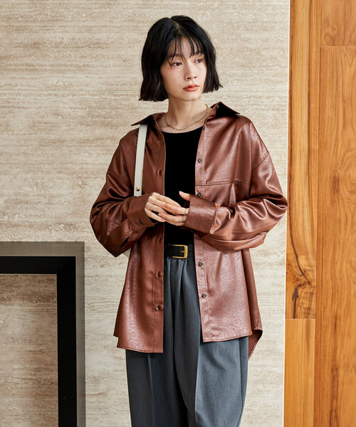 セール】チンツ加工 光沢シャツ/レザーライクシャツ（シャツ/ブラウス