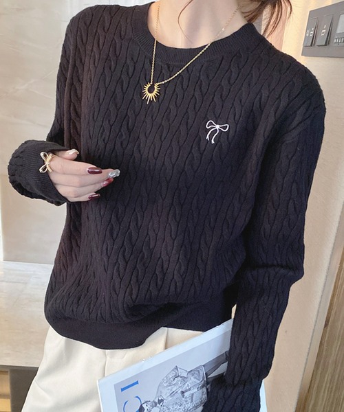 frunco(フランコ)の「【ZOZOTOWN限定】リボン刺繍入りクルーネックニット(ニット/セーター・レディース・ネイビー/イエロー/グレー/ホワイト/ブラック・FREE)」の3枚目の写真