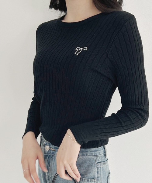 frunco(フランコ)の「【ZOZOTOWN限定】リボン刺繍入りクルーネックニット(ニット/セーター・レディース・ネイビー/イエロー/グレー/ホワイト/ブラック・FREE)」の8枚目の写真