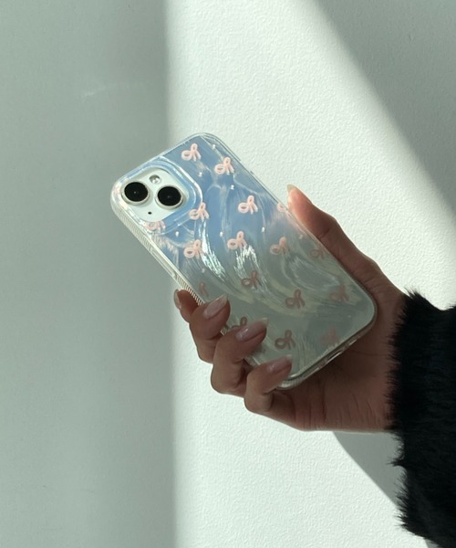 セール】リボン柄 シルバーオーロラ / スマホカバー iPhoneケース ( 12
