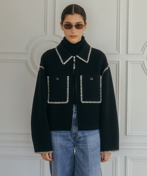 CREDONA（クレドナ）の「WOOL EMBROIDERY SHORT ZIP JACKET/ウールエンブロイダリージップジャケット（その他アウター・レディース・ブラック/グレー/アイボリー・FREE）」の4枚目の写真