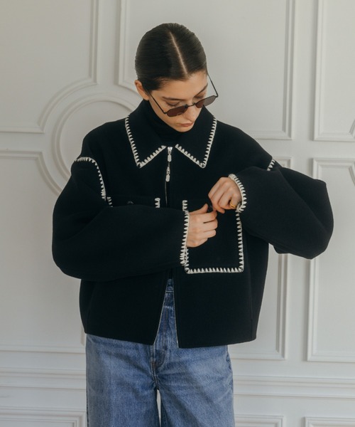 CREDONA（クレドナ）の「WOOL EMBROIDERY SHORT ZIP JACKET/ウールエンブロイダリージップジャケット（その他アウター・レディース・ブラック/グレー/アイボリー・FREE）」の12枚目の写真