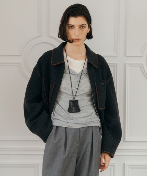 CREDONA（クレドナ）の「WOOL EMBROIDERY SHORT ZIP JACKET/ウールエンブロイダリージップジャケット（その他アウター・レディース・ブラック/グレー/アイボリー・FREE）」の8枚目の写真