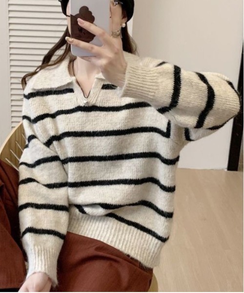 WEGO（ウィゴー）の「WEGO/ポロ襟ボーダーニットトップス（ポロシャツ・レディース・レッド/ブラック/ブルー・FREE）」の2枚目の写真