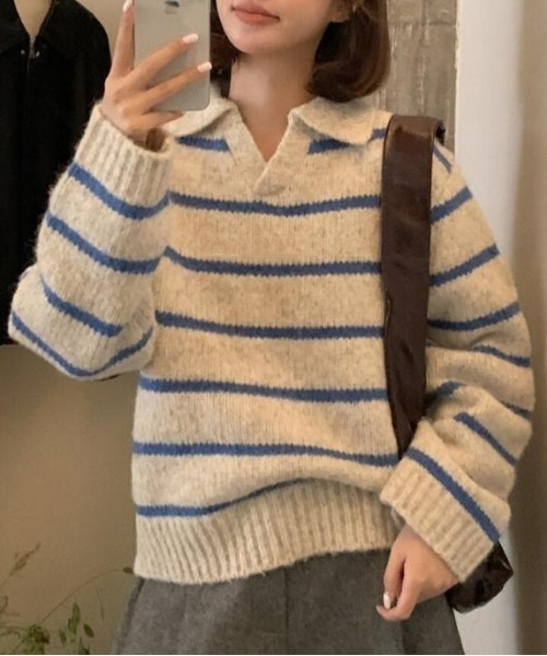 WEGO（ウィゴー）の「WEGO/ポロ襟ボーダーニットトップス（ポロシャツ・レディース・レッド/ブラック/ブルー・FREE）」の5枚目の写真