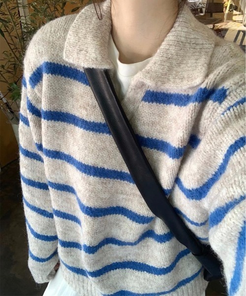 WEGO（ウィゴー）の「WEGO/ポロ襟ボーダーニットトップス（ポロシャツ・レディース・レッド/ブラック/ブルー・FREE）」の6枚目の写真