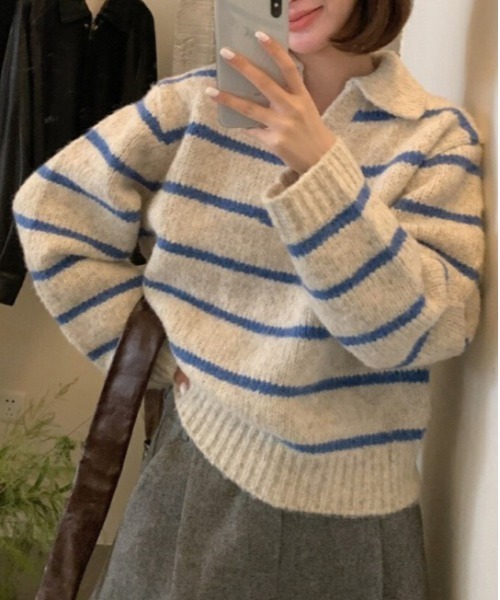 WEGO（ウィゴー）の「WEGO/ポロ襟ボーダーニットトップス（ポロシャツ・レディース・レッド/ブラック/ブルー・FREE）」の7枚目の写真