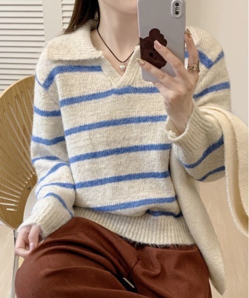 WEGO（ウィゴー）の「WEGO/ポロ襟ボーダーニットトップス（ポロシャツ・レディース・レッド/ブラック/ブルー・FREE）」の8枚目の写真