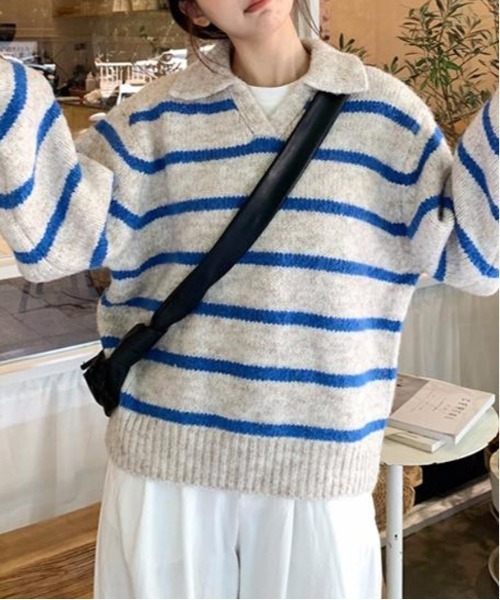 WEGO（ウィゴー）の「WEGO/ポロ襟ボーダーニットトップス（ポロシャツ・レディース・レッド/ブラック/ブルー・FREE）」の10枚目の写真