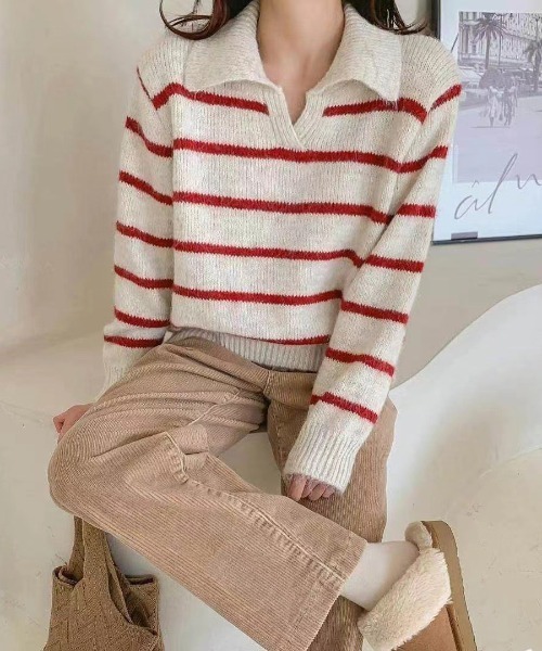 WEGO（ウィゴー）の「WEGO/ポロ襟ボーダーニットトップス（ポロシャツ・レディース・レッド/ブラック/ブルー・FREE）」の17枚目の写真