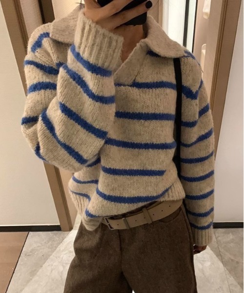 WEGO（ウィゴー）の「WEGO/ポロ襟ボーダーニットトップス（ポロシャツ・レディース・レッド/ブラック/ブルー・FREE）」の14枚目の写真