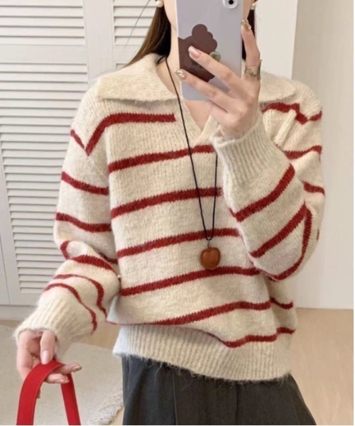 WEGO（ウィゴー）の「WEGO/ポロ襟ボーダーニットトップス（ポロシャツ・レディース・レッド/ブラック/ブルー・FREE）」の18枚目の写真