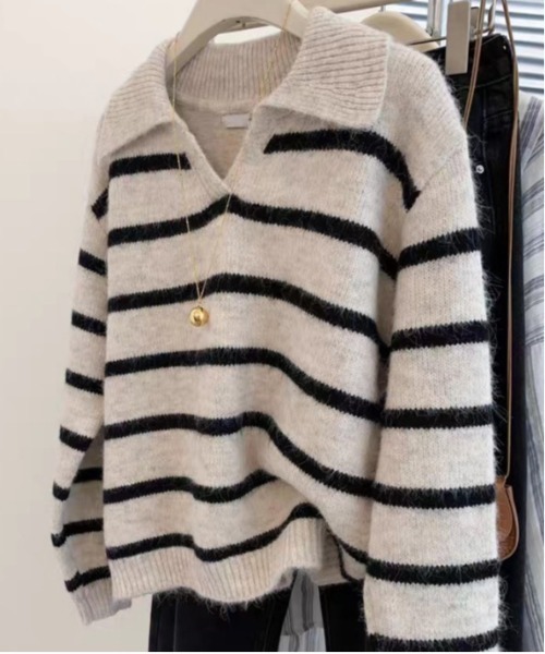 WEGO（ウィゴー）の「WEGO/ポロ襟ボーダーニットトップス（ポロシャツ・レディース・レッド/ブラック/ブルー・FREE）」の4枚目の写真