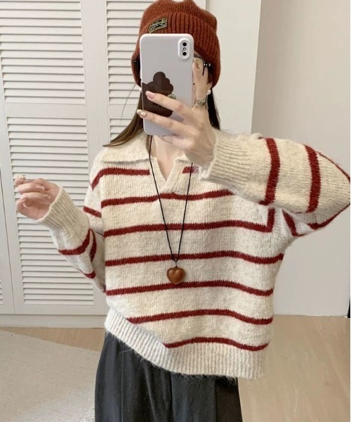 WEGO（ウィゴー）の「WEGO/ポロ襟ボーダーニットトップス（ポロシャツ・レディース・レッド/ブラック/ブルー・FREE）」の19枚目の写真