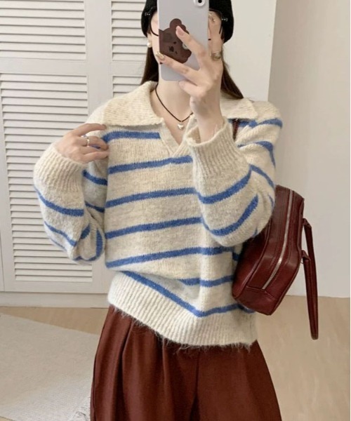 WEGO（ウィゴー）の「WEGO/ポロ襟ボーダーニットトップス（ポロシャツ・レディース・レッド/ブラック/ブルー・FREE）」の20枚目の写真