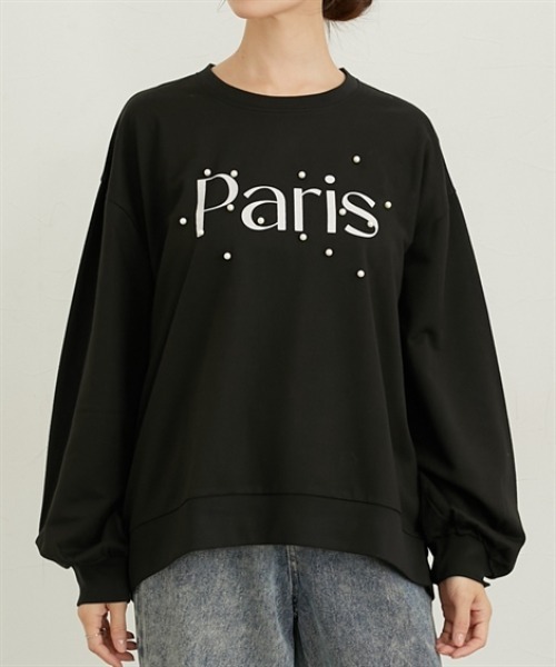 nissen(ニッセン)の「パール風ビジュー付スウェットトップス(薄手)(Tシャツ/カットソー・レディース・ブラウン/ピンク/ブラック/杢グレー・M/L)」の2枚目の写真