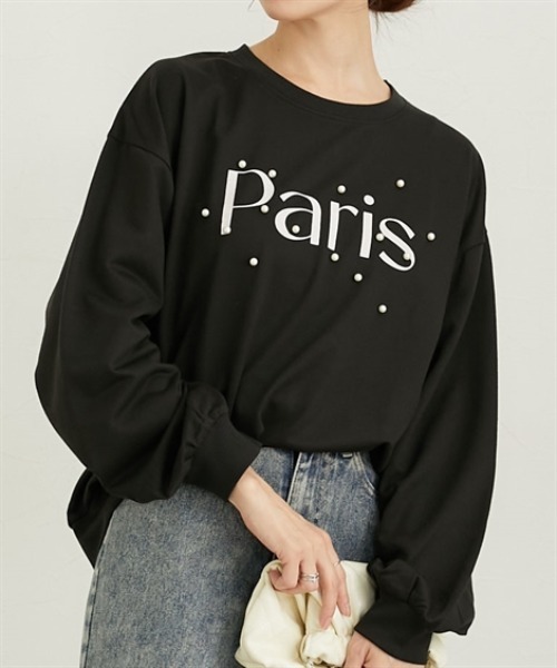 nissen(ニッセン)の「パール風ビジュー付スウェットトップス(薄手)(Tシャツ/カットソー・レディース・ブラウン/ピンク/ブラック/杢グレー・M/L)」の5枚目の写真
