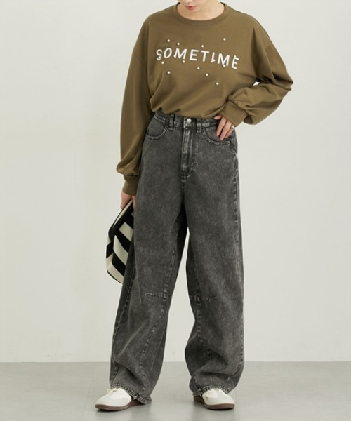 nissen(ニッセン)の「パール風ビジュー付スウェットトップス(薄手)(Tシャツ/カットソー・レディース・ブラウン/ピンク/ブラック/杢グレー・M/L)」の12枚目の写真