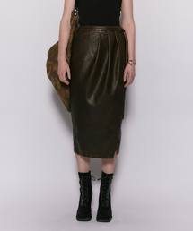 THREE TUCK GURKHA LEATHER SKIRT BROWN
