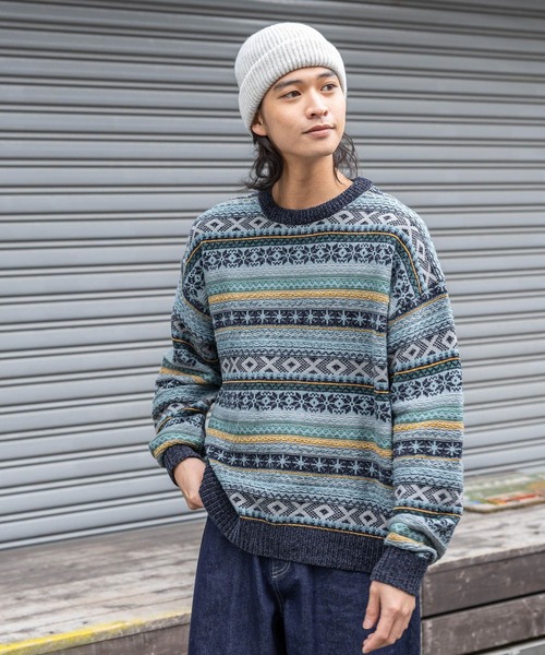 RAGEBLUE（レイジブルー）の「FAIR ISLE PATTERN MALL KNIT CREW / フェアアイル/モールニットクルー（ニット/セーター・メンズ・オフホワイト/ブラック/ネイビー/ダークブラウン・MEDIUM/LARGE/SMALL）」の4枚目の写真
